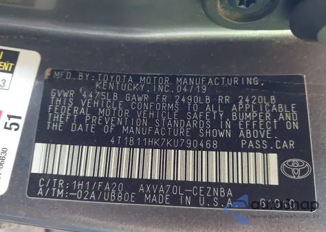 2019 Toyota Camry Le from USA, damaged, VIN 4T1B11HK7KU790468